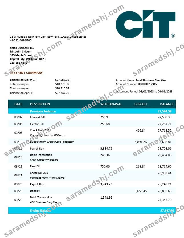 CIT Bank business checking account statement Word and PDF template